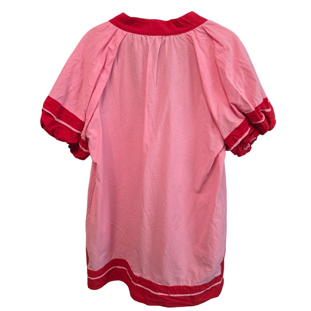 Fashion Pink Red Colorblock Cotton Tunic Mini Dress Short Puff Sleeve Small - Picture 3 of 5